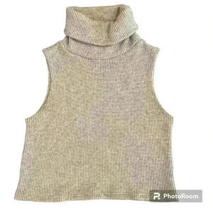 Roll Neck Sleeveless Ribbed Open Knit Sweater Oatmeal size Small